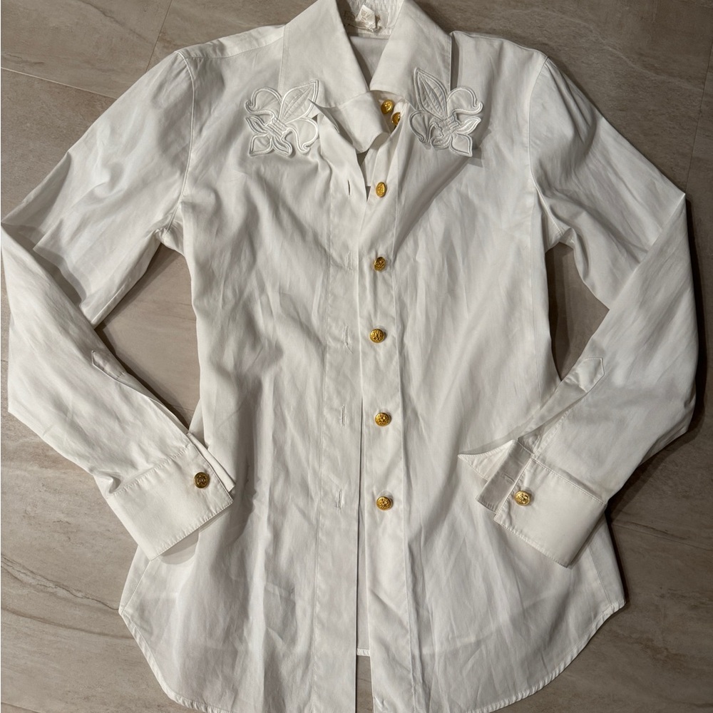 Vintage Escada White Embroidered Blouse with Gold Buttons fleur de lis Designer - Picture 2 of 6